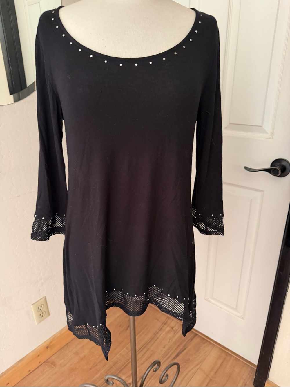 Belldini Black Scoop Neck Tunic with Stud Accents and Crochet Hem